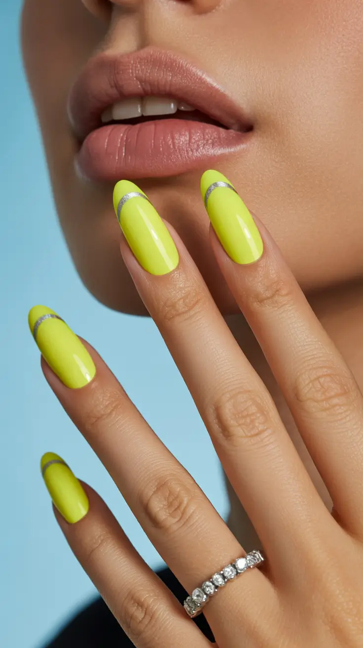 yellow nails – new ideas 2026 Neon Citrus French With Metallic Trim