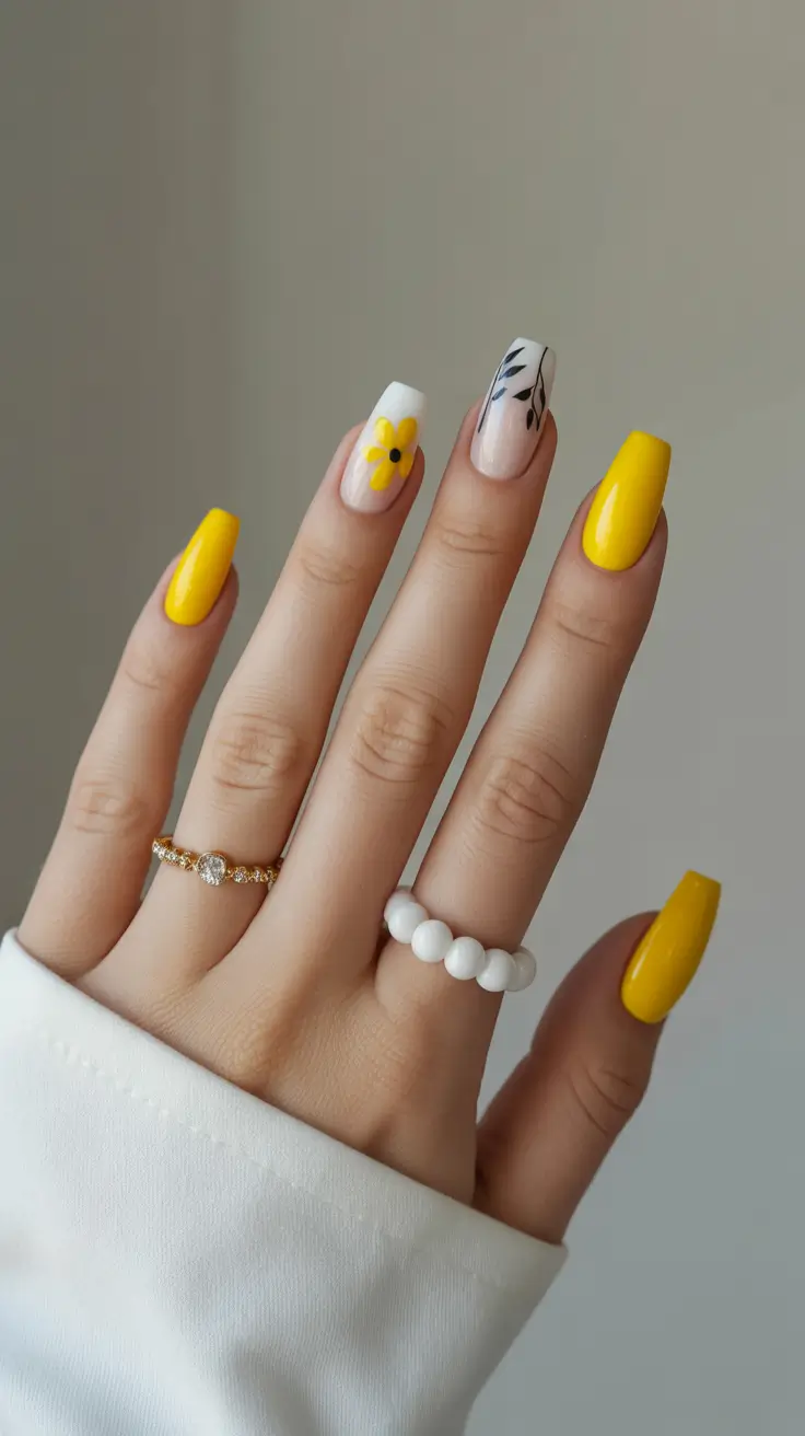 yellow nails – new ideas 2026 Floral Lemon Charm on Soft Almond Square