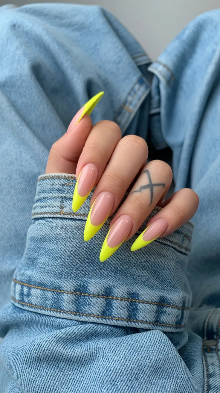 yellow nails – new ideas 2026 Sharp Neon Almond Tips for a Denim-Cool Moment