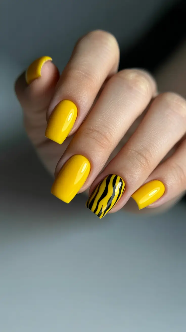 yellow nails – new ideas 2026 Yellow & Black Zebra Accent for Bold Contrast