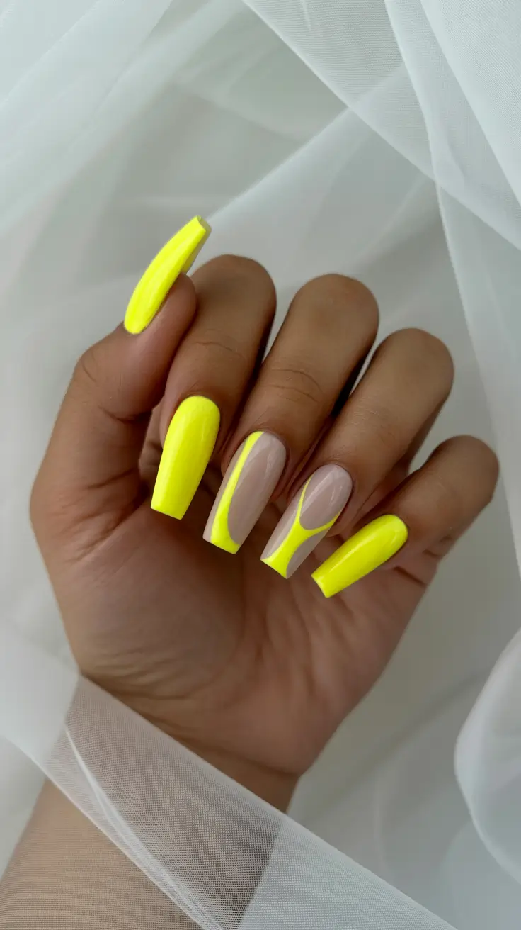 yellow nails – new ideas 2026 Neon Wave Panels on Sculpted Square Length