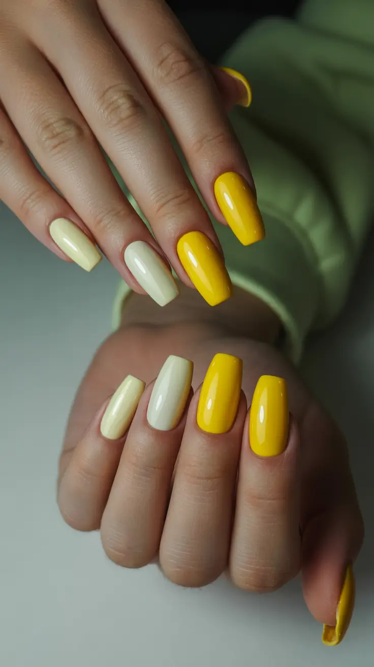 yellow nails – new ideas 2026 Two-Tone Lemon & Cream Harmony