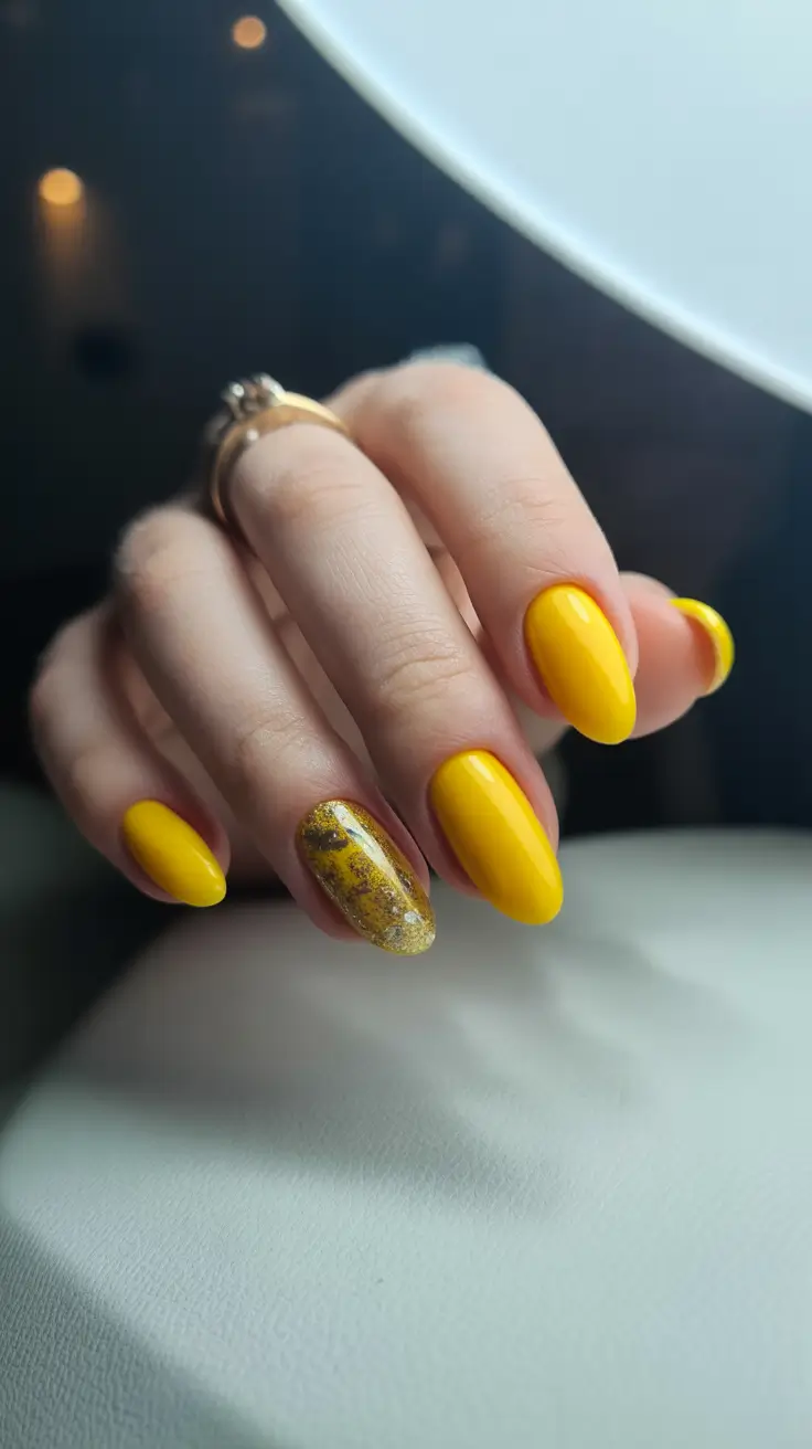 yellow nails – new ideas 2026 Golden Lemon With Foil Accent