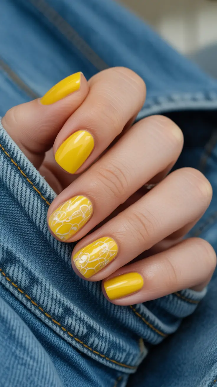 yellow nails – new ideas 2026 Short Lemon Nails With White Linear Art
