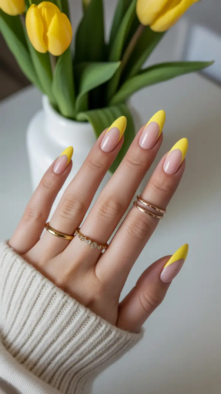 yellow nails – new ideas 2026 Soft Almond Lemon French for Modern Elegance