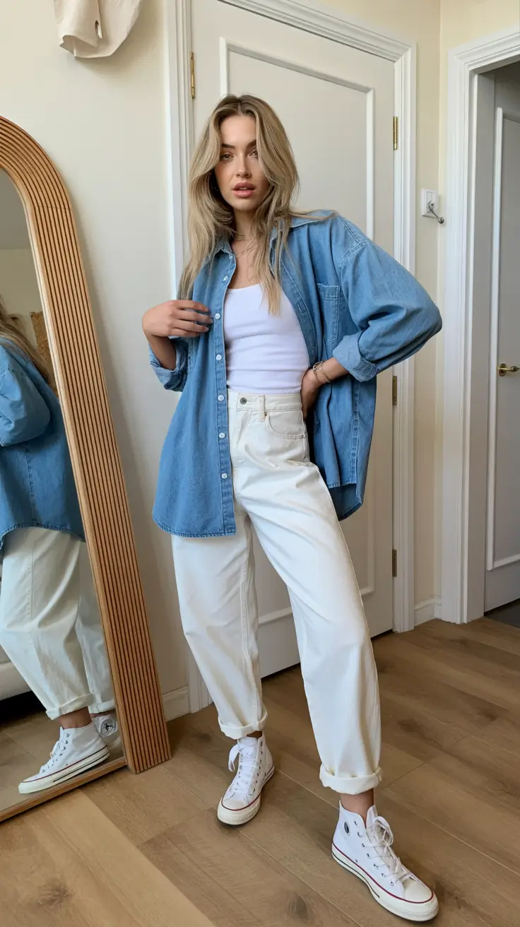 beautiful spring mom outfits 2026 Denim-on-Denim Ease With Crisp Spring Whites
