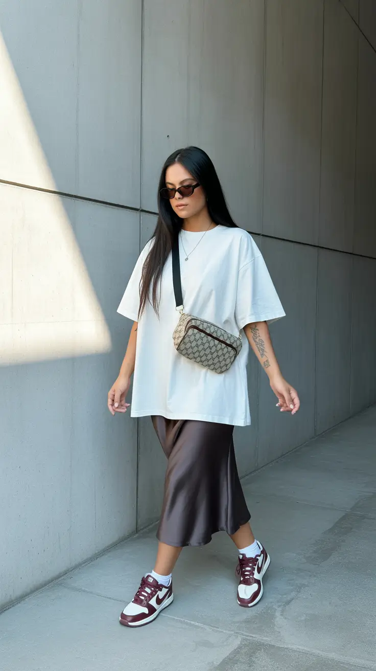 beautiful spring mom outfits 2026 Oversized Tee + Satin Skirt for Sporty Modern Moms