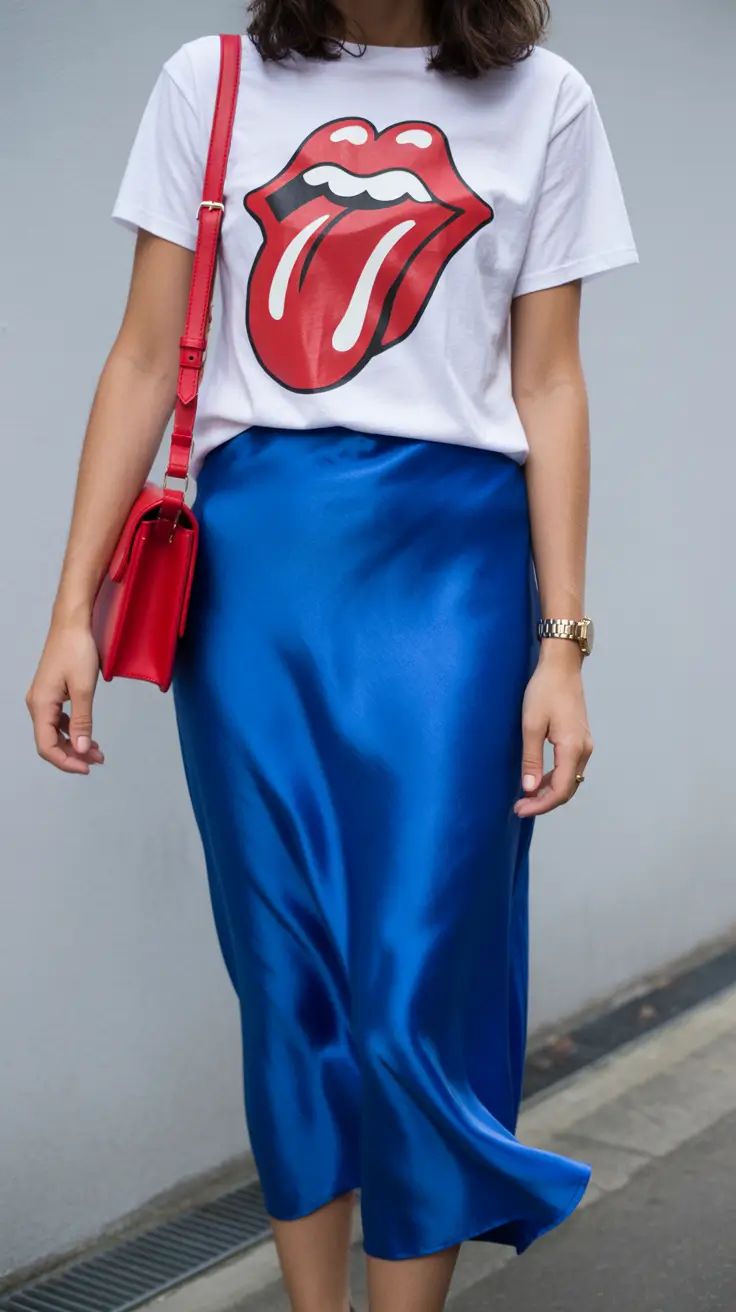 beautiful spring mom outfits 2026 Bold Graphic Tee With Electric Satin Color