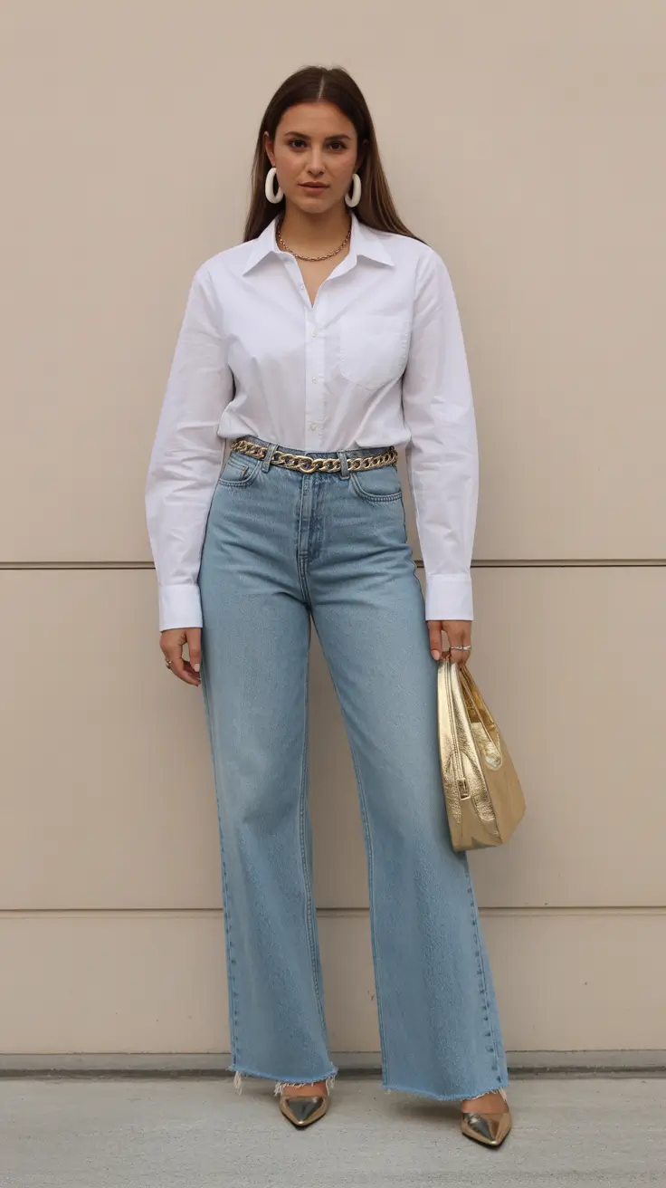 beautiful spring mom outfits 2026 White Shirt Classic With Gilded Modern Details