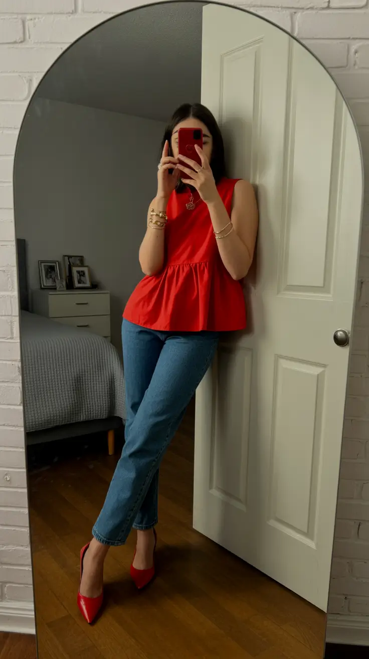 bold spring going out outfits 2026 Red Peplum Pop & Classic Denim