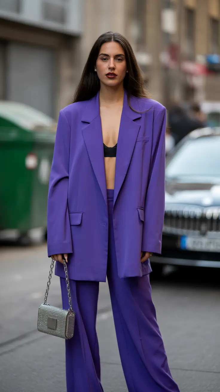 bold spring going out outfits 2026 Ultra-Violet Suiting & Metallic Shine