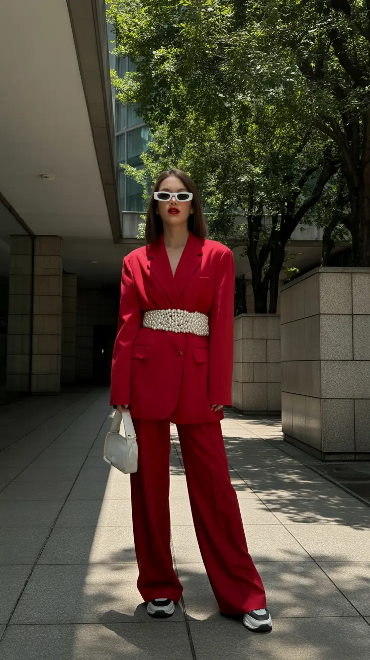 bold spring going out outfits 2026 Red Suit Boldness With Pearl Drama