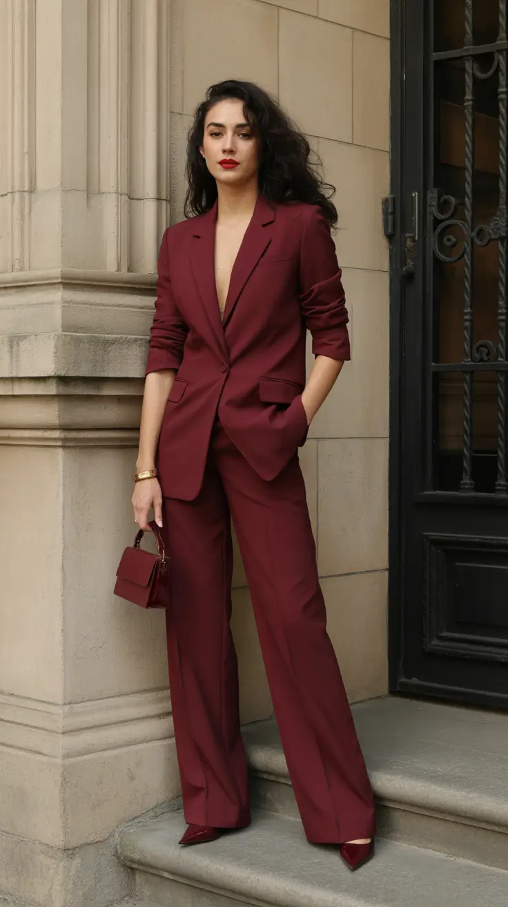 bold spring going out outfits 2026 Deep Burgundy Suiting for Night Elegance