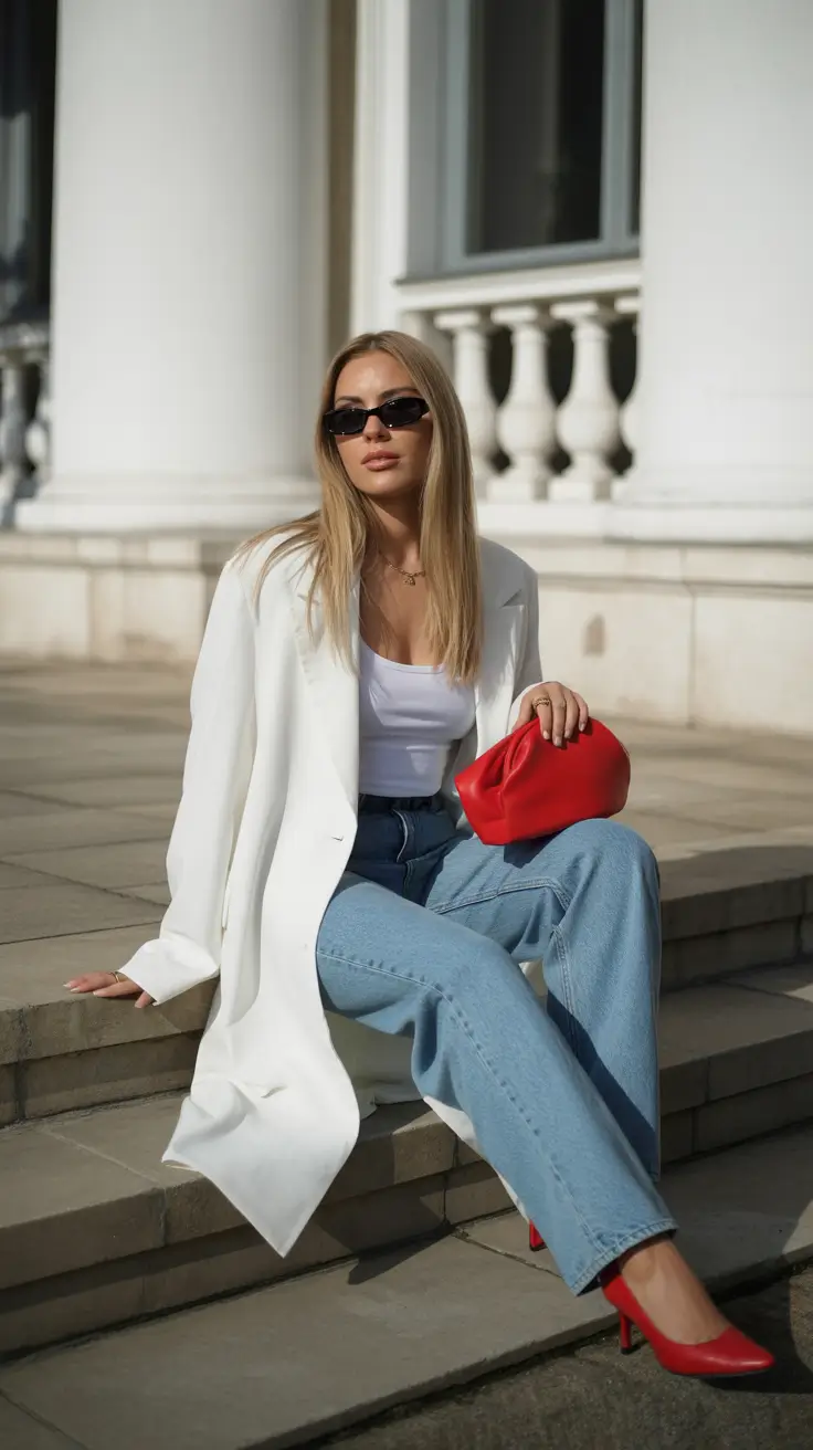 bold spring going out outfits 2026 White Blazer Brightness With Fiery Red Accents