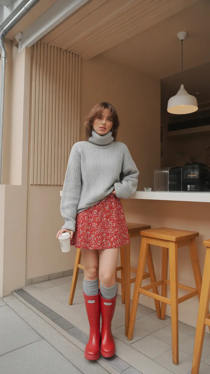 bold spring going out outfits 2026 Cozy Grey Knit & Red Floral Skirt for Chilly Spring Days