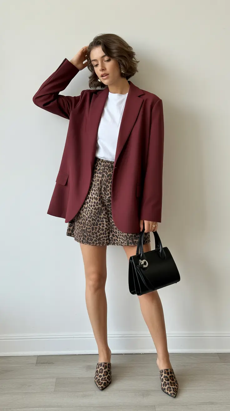 bold spring going out outfits 2026 Plum Blazer Energy & Leopard Play