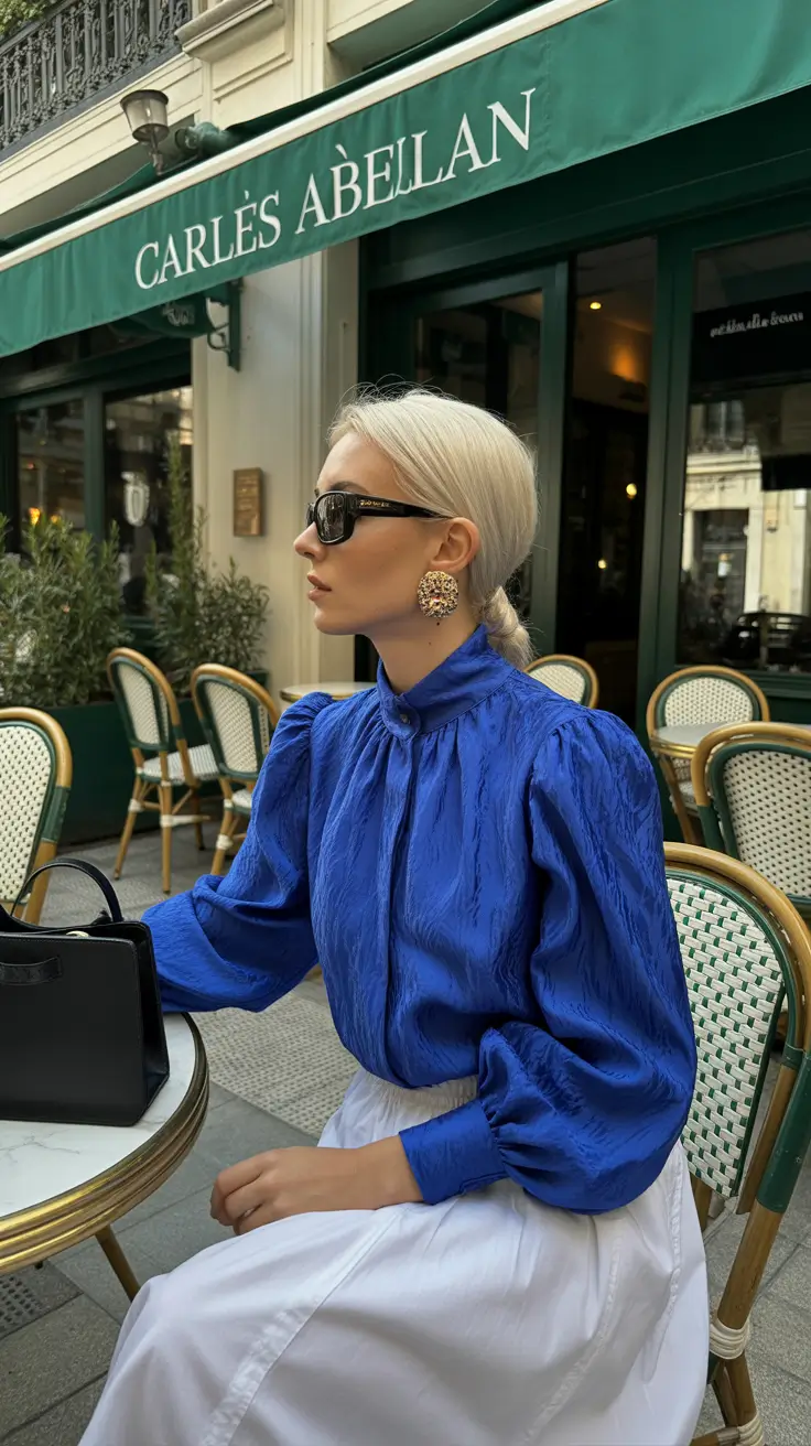 bold spring going out outfits 2026 Royal Blue Statement Blouse & Crisp White Skirt