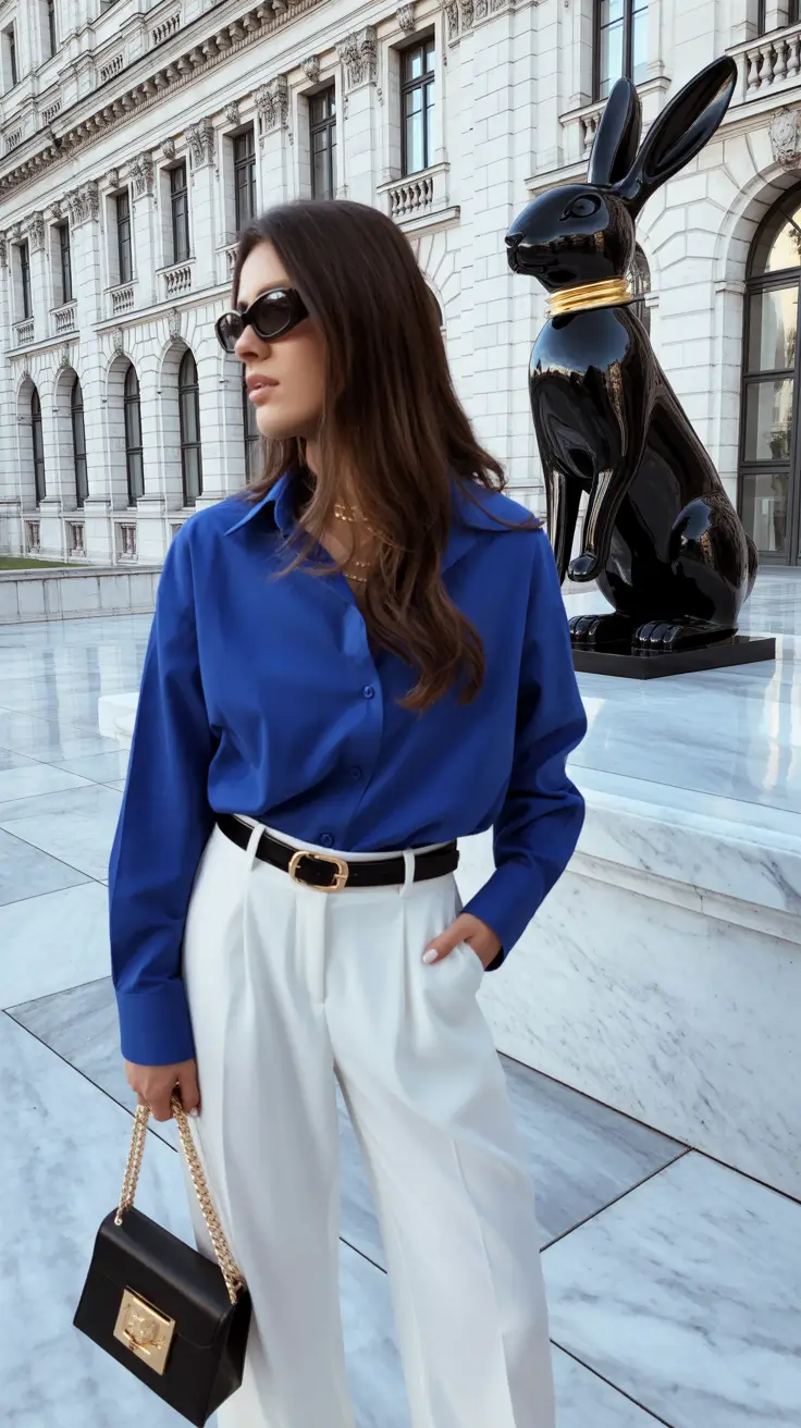 bold spring going out outfits 2026 Sapphire Sophistication With White Tailoring