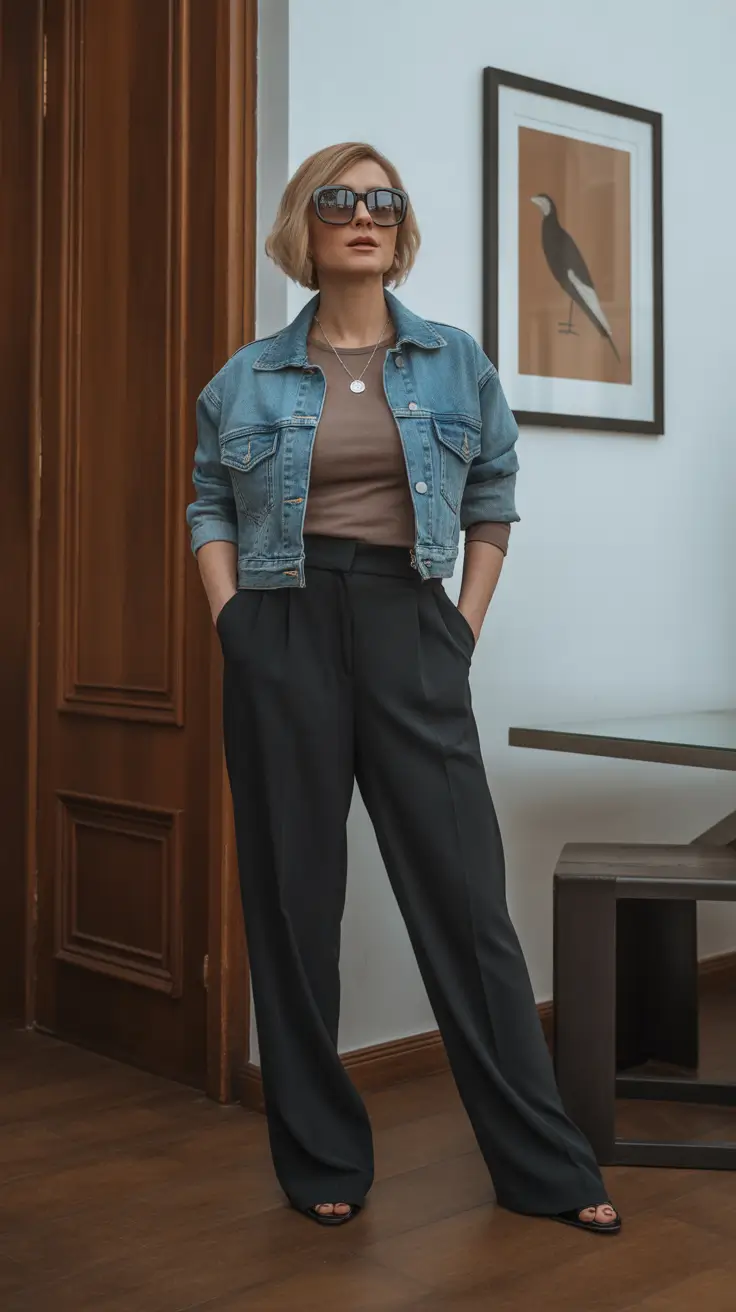 casual spring outfits for women over 40 2026 Relaxed Denim Jacket with Tailored Spring Trousers