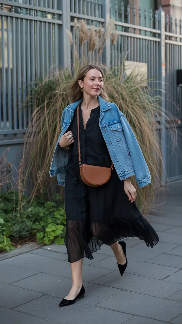 casual spring outfits for women over 40 2026 Movement and Ease in a Denim-and-Black Spring Look