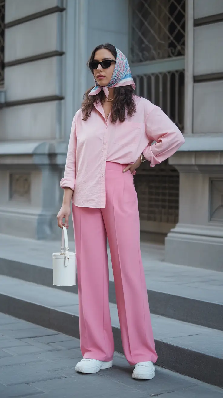cute spring outfit with pants 2026 Head-Scarf Elegance in Soft Monochrome Pink