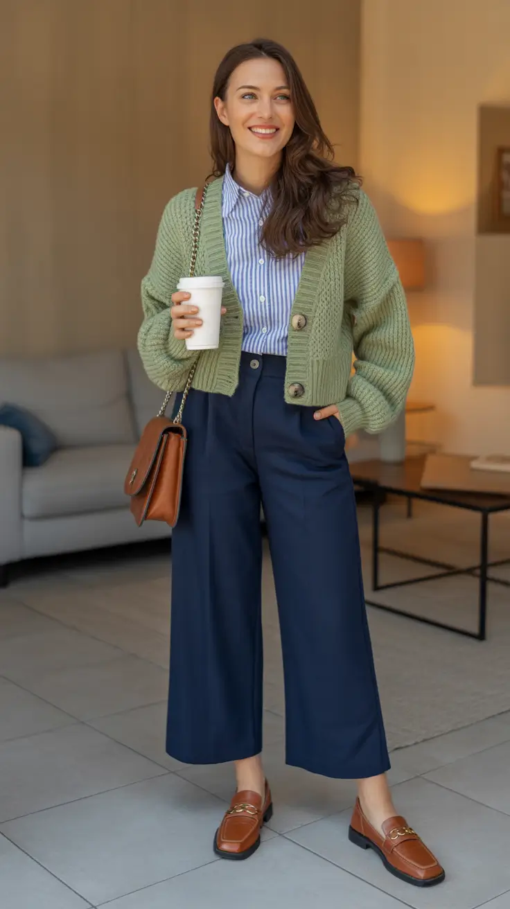 cute spring outfit with pants 2026 Soft Greens and Navy Cropped Trousers for Cozy Spring Mornings