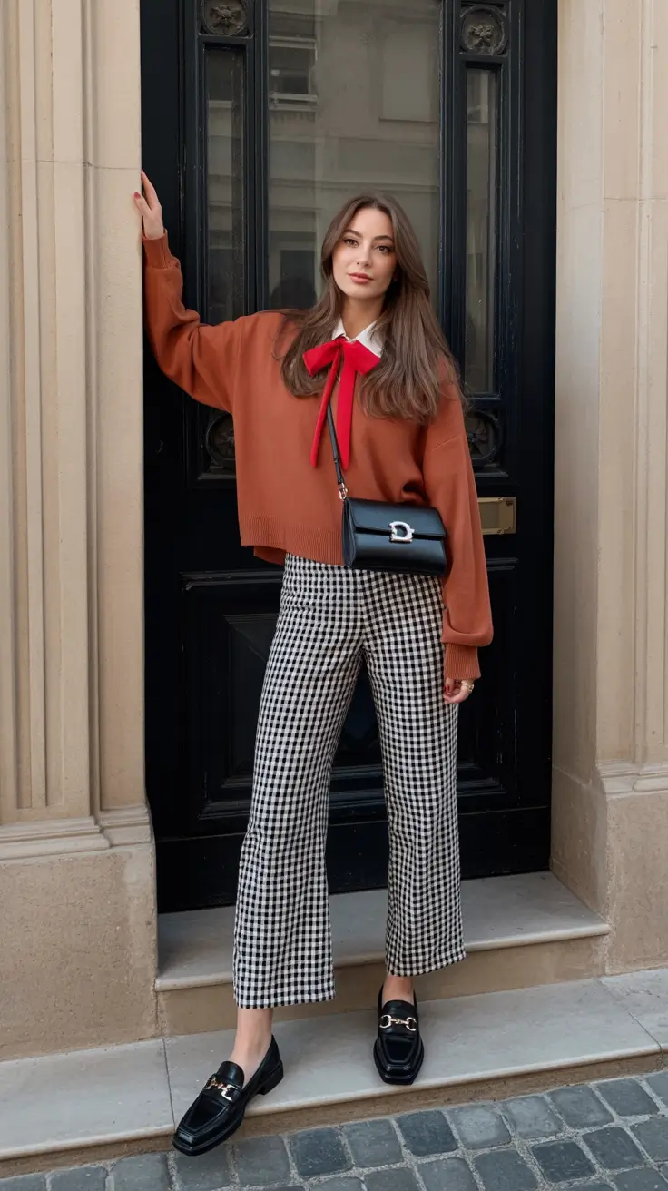 cute spring outfit with pants 2026 Gingham Pants and a Statement Bow for Playful Preppy Charm