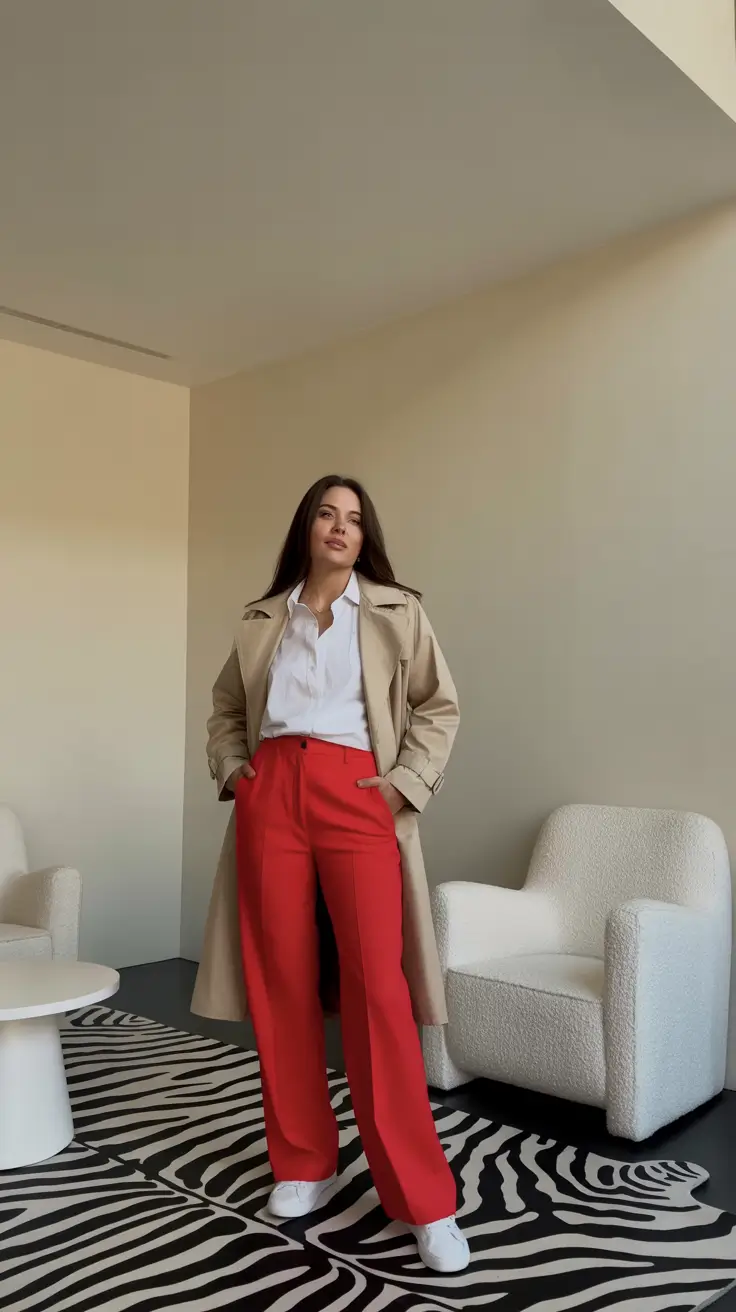 cute spring outfit with pants 2026 Classic Trench and Red Wide Legs for Effortless Spring Sophistication
