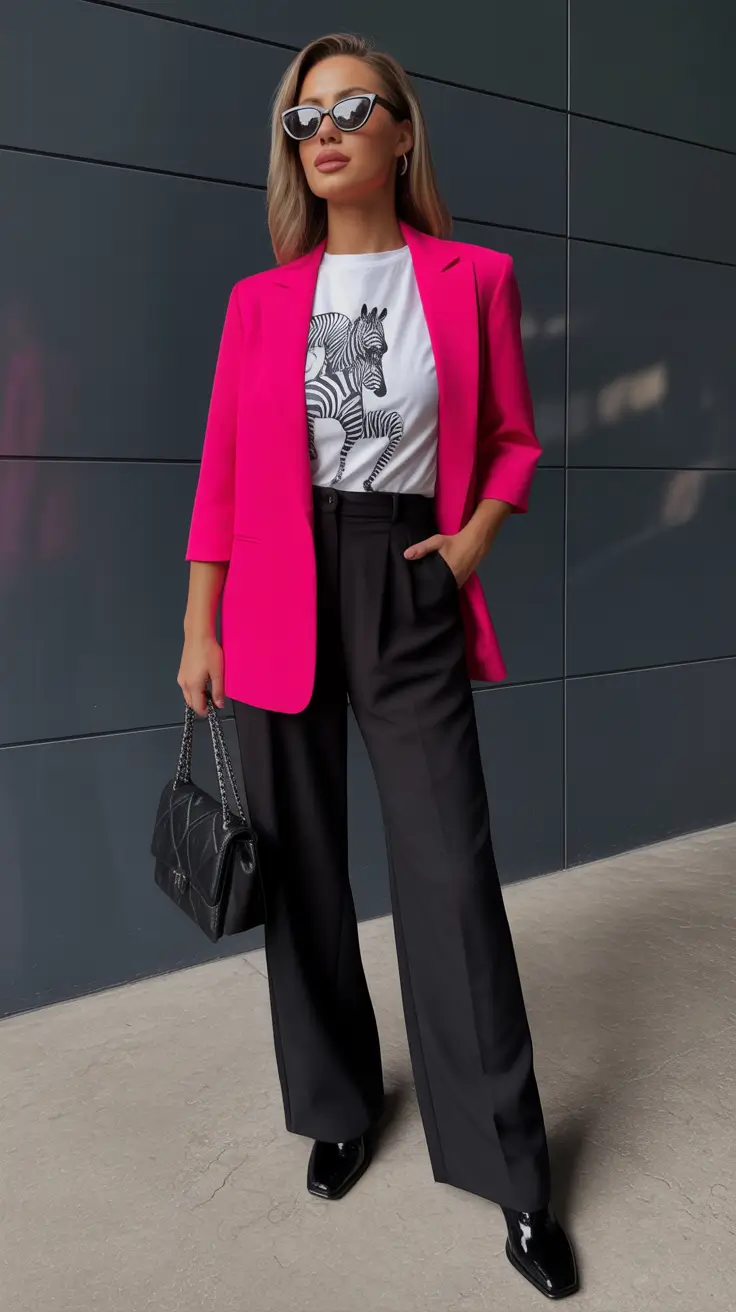 cute spring outfit with pants 2026 Hot Pink Blazer and Black Wide Legs for Bold Spring Contrast