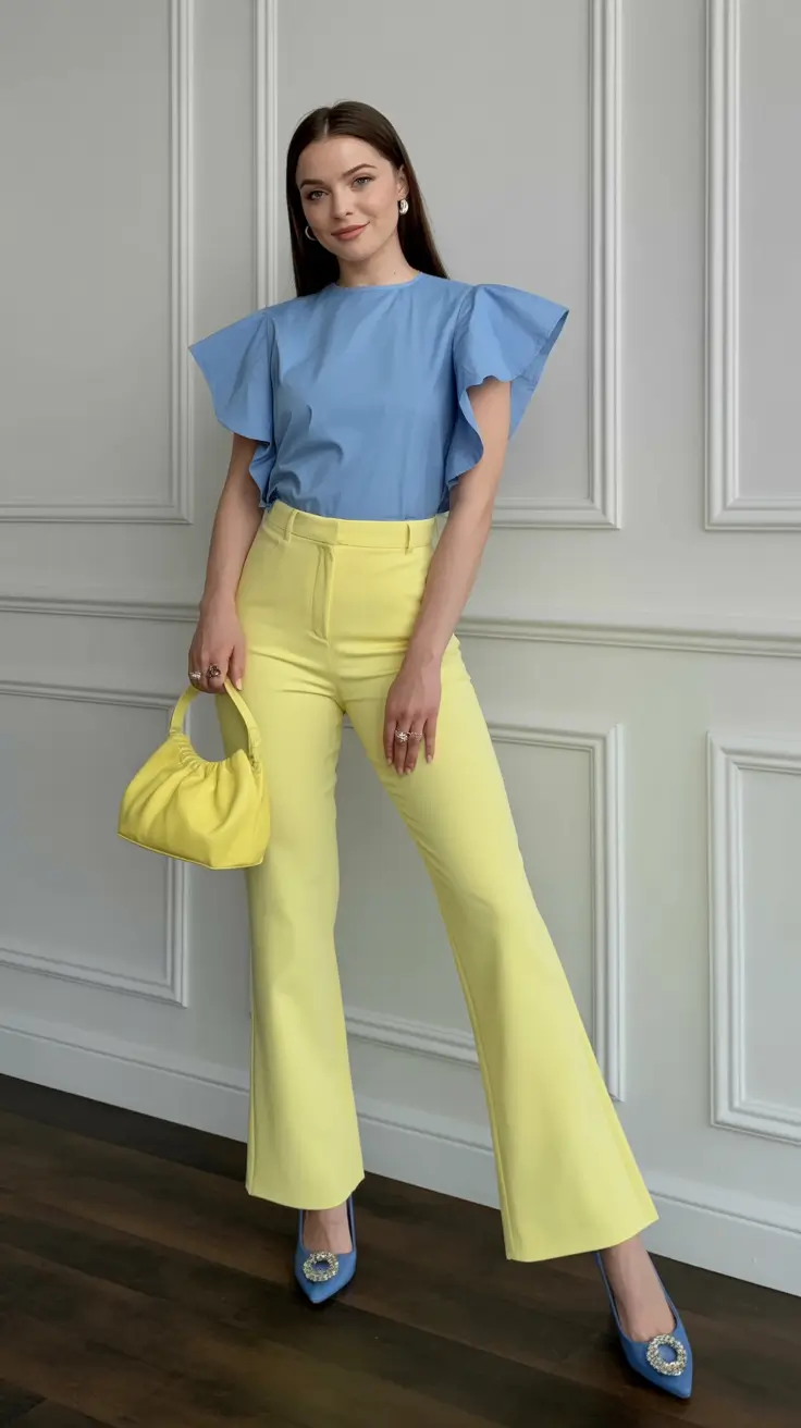 cute spring outfit with pants 2026 Lemon Yellow Flares and Sky Blue for Fresh Spring Lightness