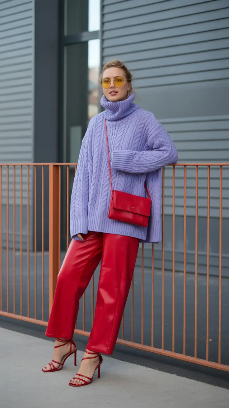 cute spring outfit with pants 2026 Vibrant Red Leather and Soft Lilac for Bold Spring Energy