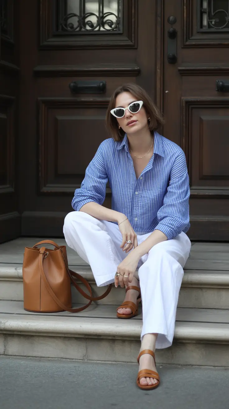 effortless spring casual work outfits 2026 Classic Blue Stripes With Crisp White Trousers