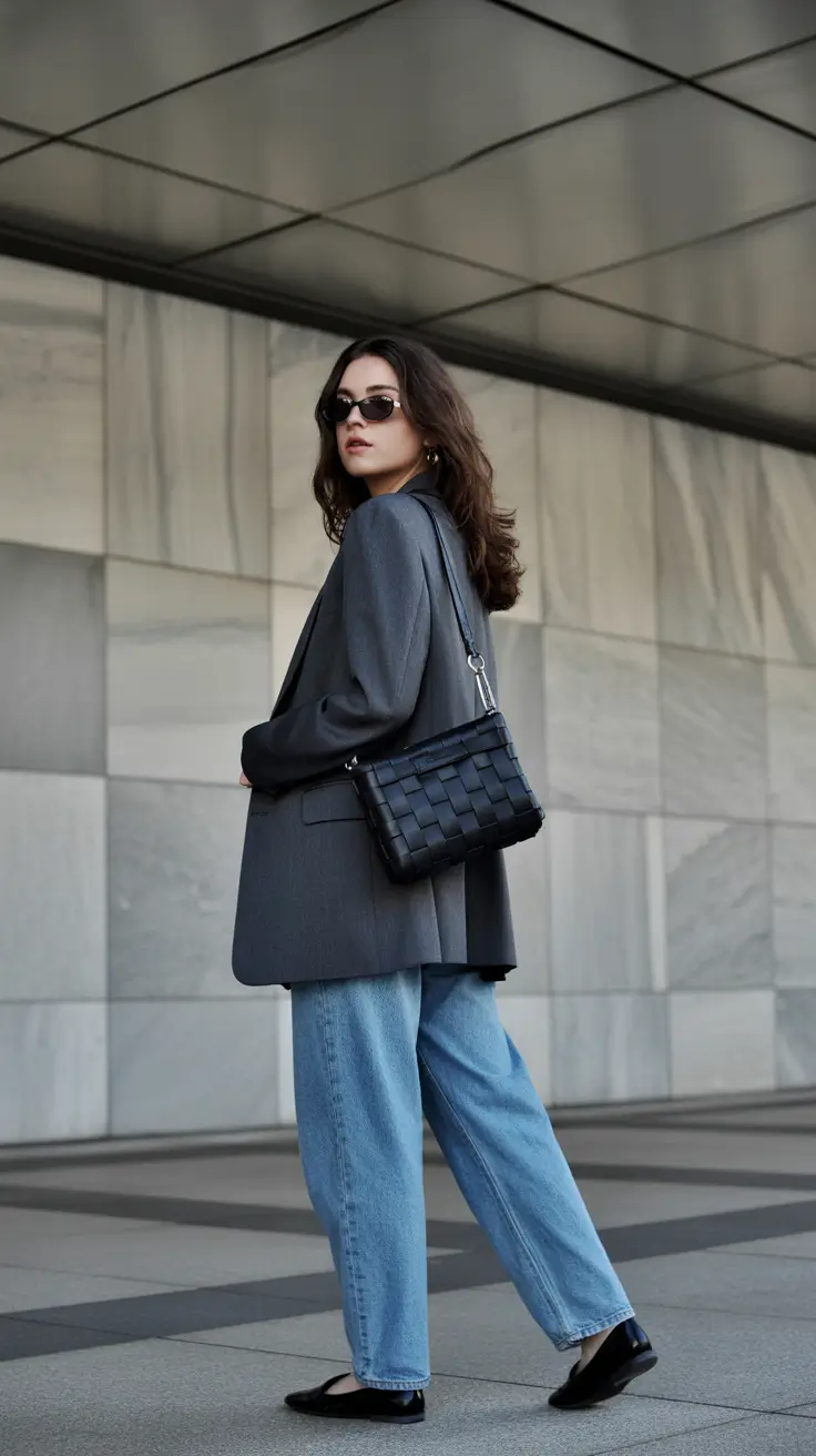 effortless spring casual work outfits 2026 Structured Gray Blazer With Relaxed Denim Ease