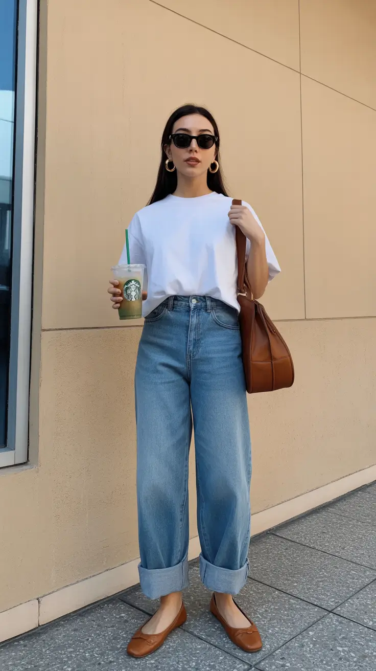 effortless spring casual work outfits 2026 Everyday White Tee With Cuffed Denim and Caramel Accents