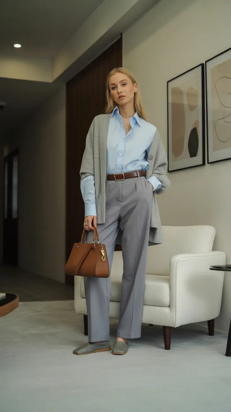 effortless spring casual work outfits 2026 Soft Blue Shirt With Gray Tailoring and Cozy Knit Layer