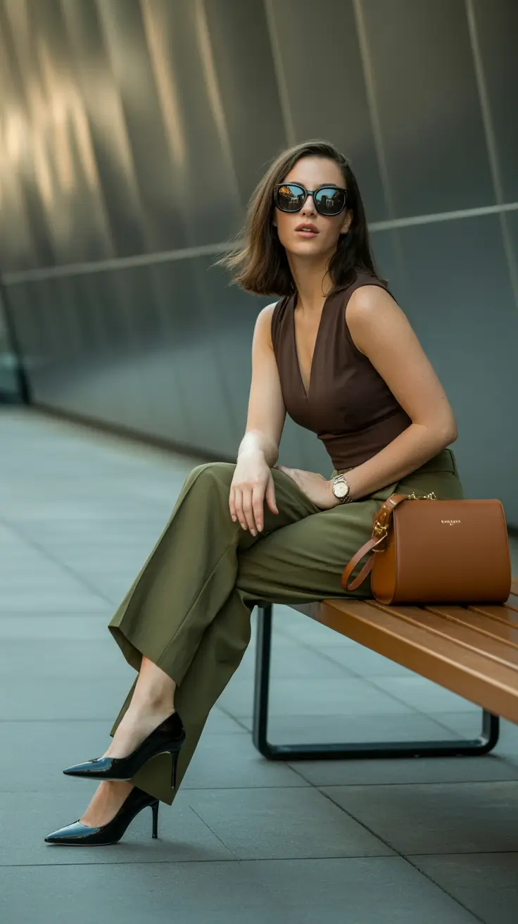 effortless spring casual work outfits 2026 Olive Tailoring With a Deep Brown Twist