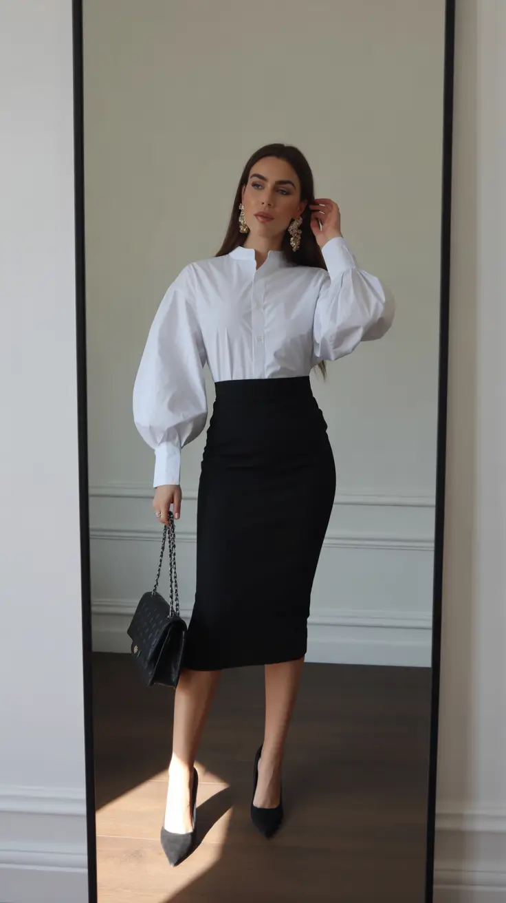 effortless spring casual work outfits 2026 Black Pencil Skirt Elegance With Sculptural White Volume