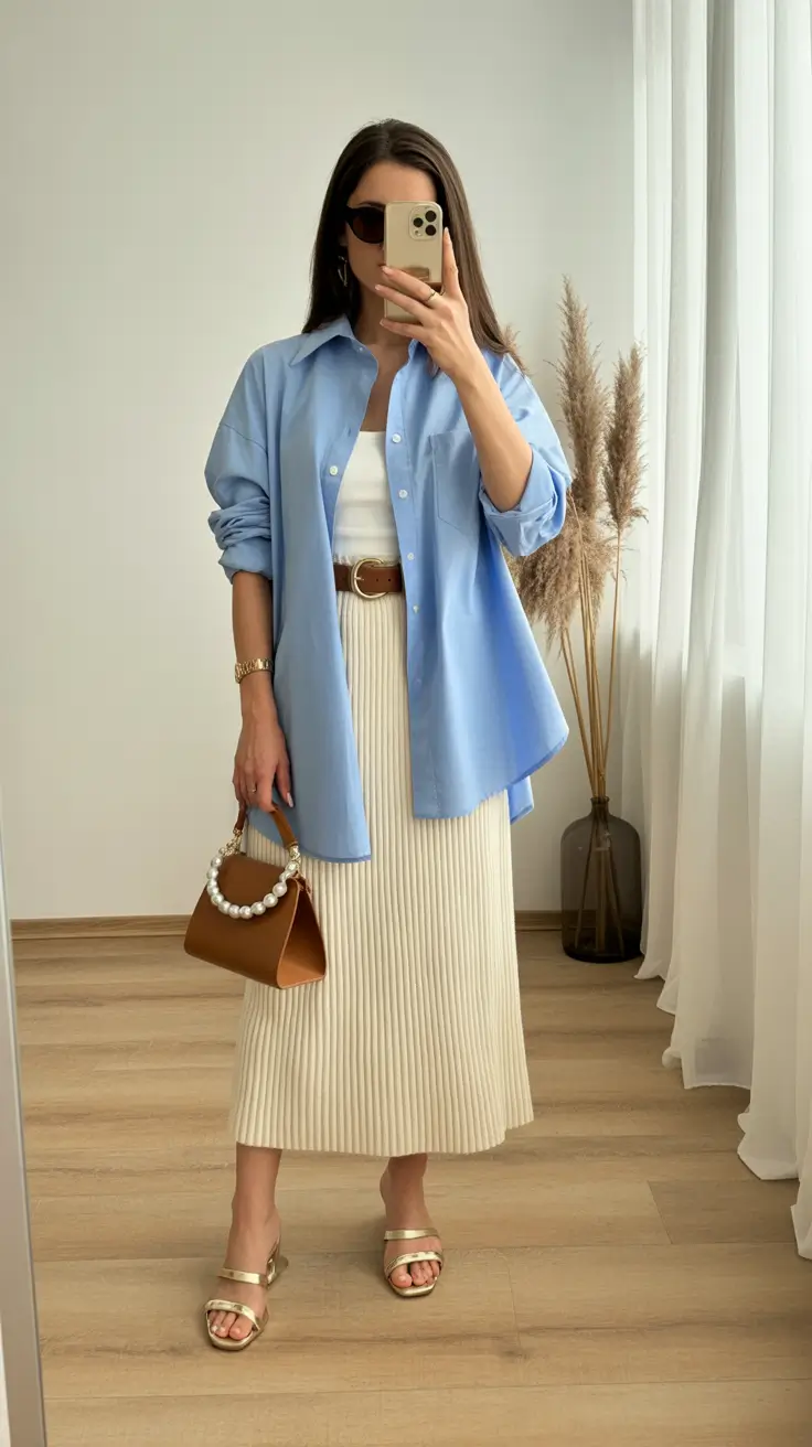 effortless spring casual work outfits 2026 Soft Blue Overshirt and Ribbed Cream Skirt With Warm Accessories