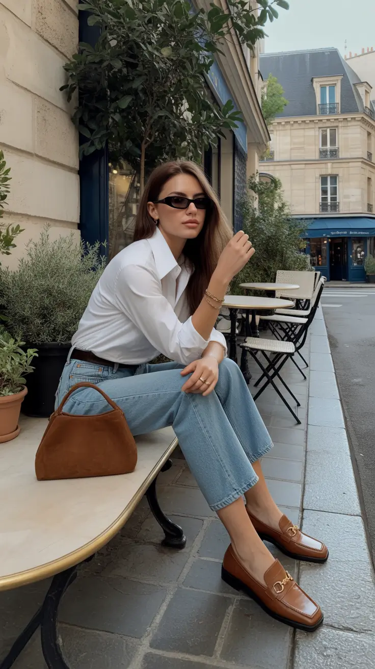 effortless spring casual work outfits 2026 Crisp White Shirt and Relaxed Denim With Warm Suede Accents
