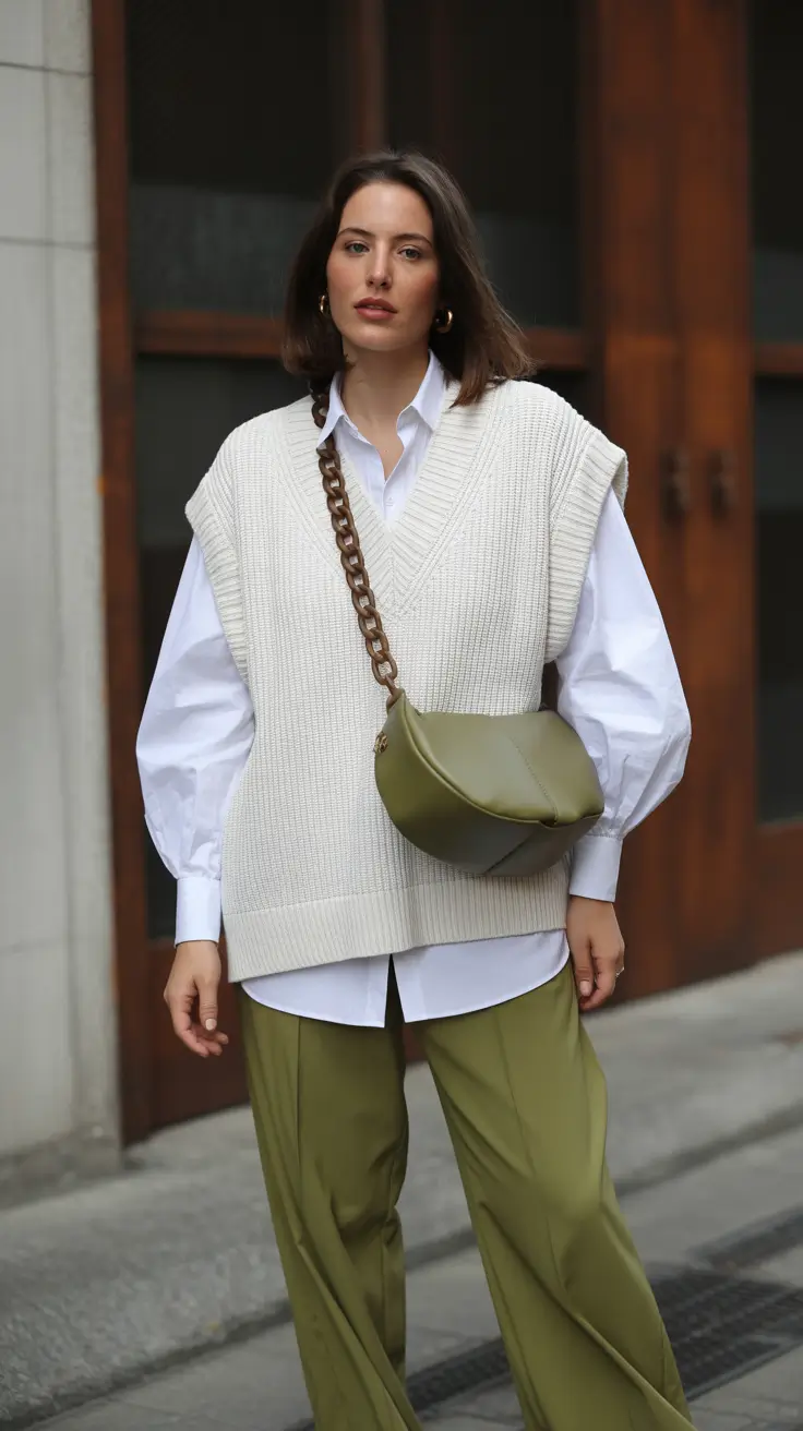 effortless spring casual work outfits 2026 Layered Neutrals With Olive Tailoring and Oversized Knit