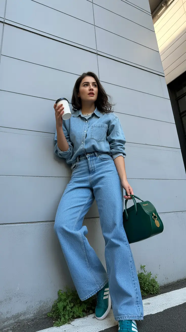effortless spring casual work outfits 2026 Denim-on-Denim With Fresh Teal Accents