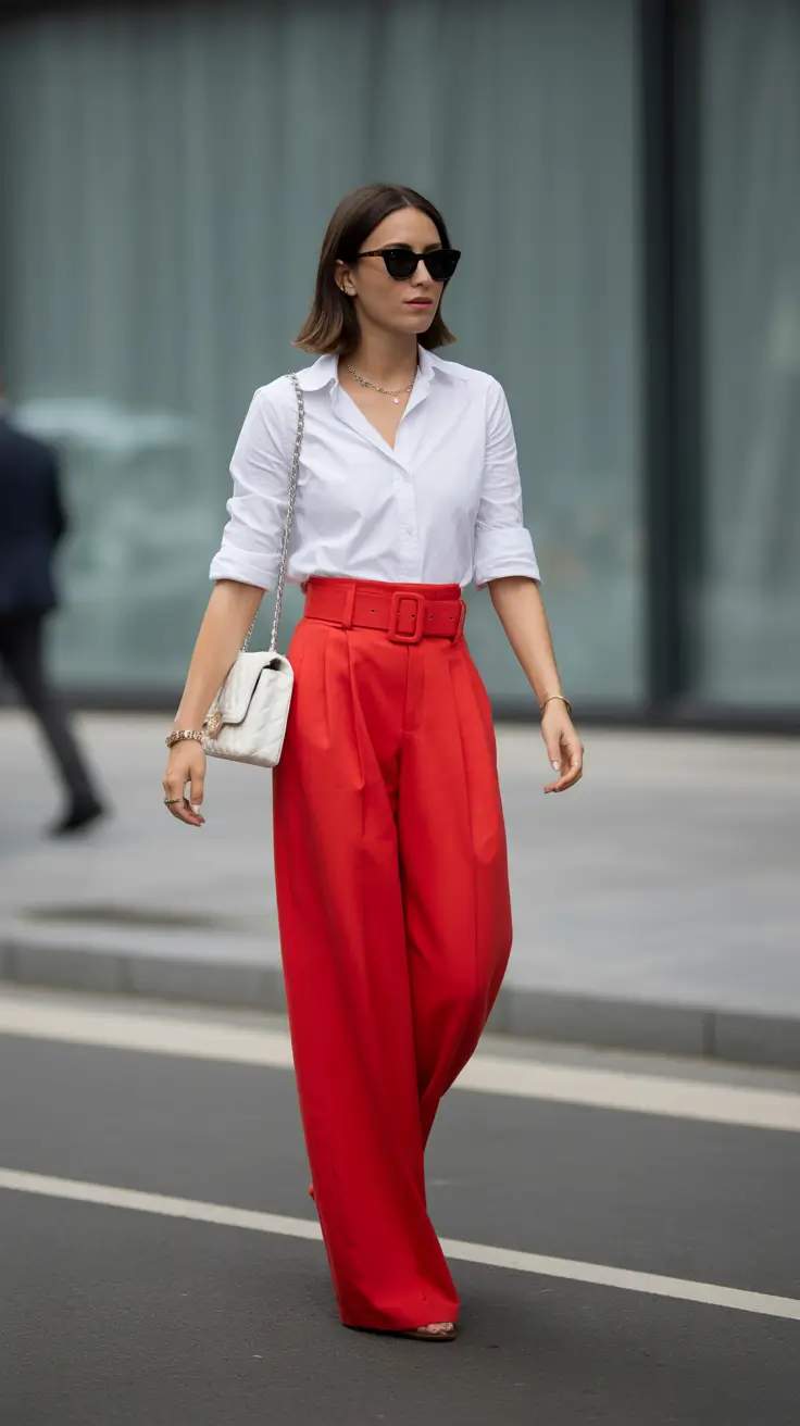 effortless spring casual work outfits 2026 Bold Red Tailoring With a Clean White Shirt