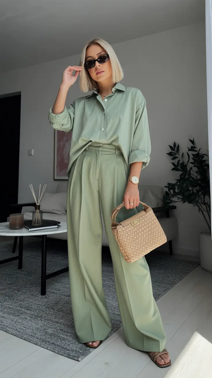 effortless spring casual work outfits 2026 Soft Sage Monochrome With Woven Neutrals
