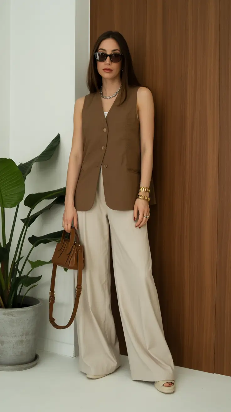 effortless spring casual work outfits 2026 Sleeveless Tailoring in Warm Earth Tones