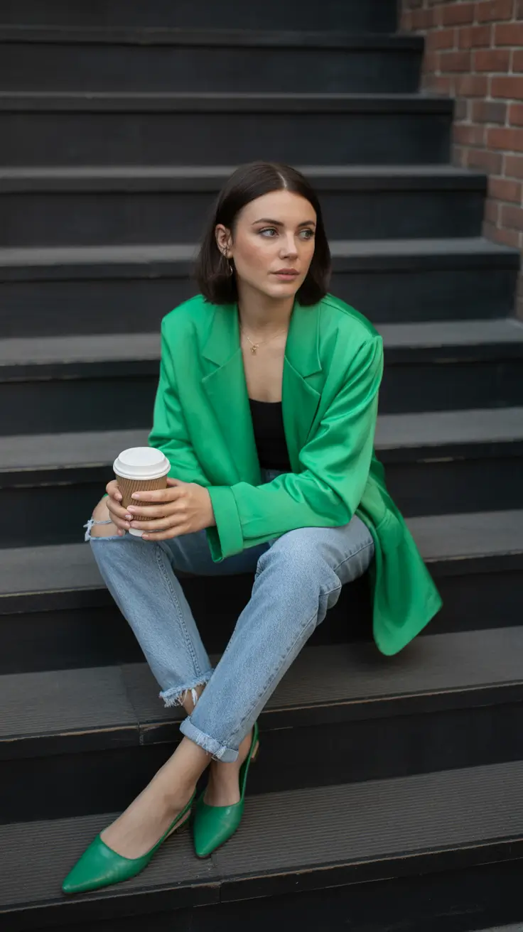 fashionable spring outfits for women over 30 2026 Green Tailoring With Laid-Back Denim Contrast