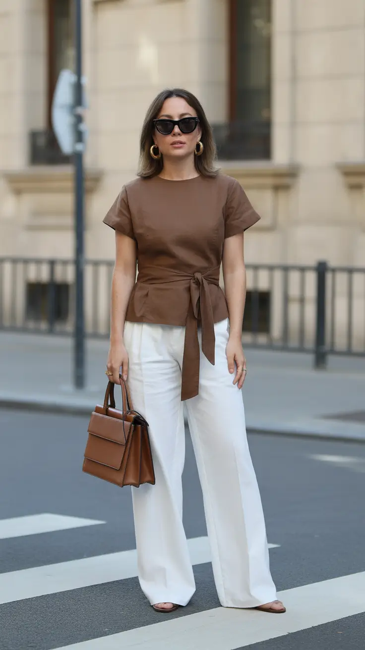 fashionable spring outfits for women over 30 2026 Warm Minimalism in Soft Brown and Crisp White
