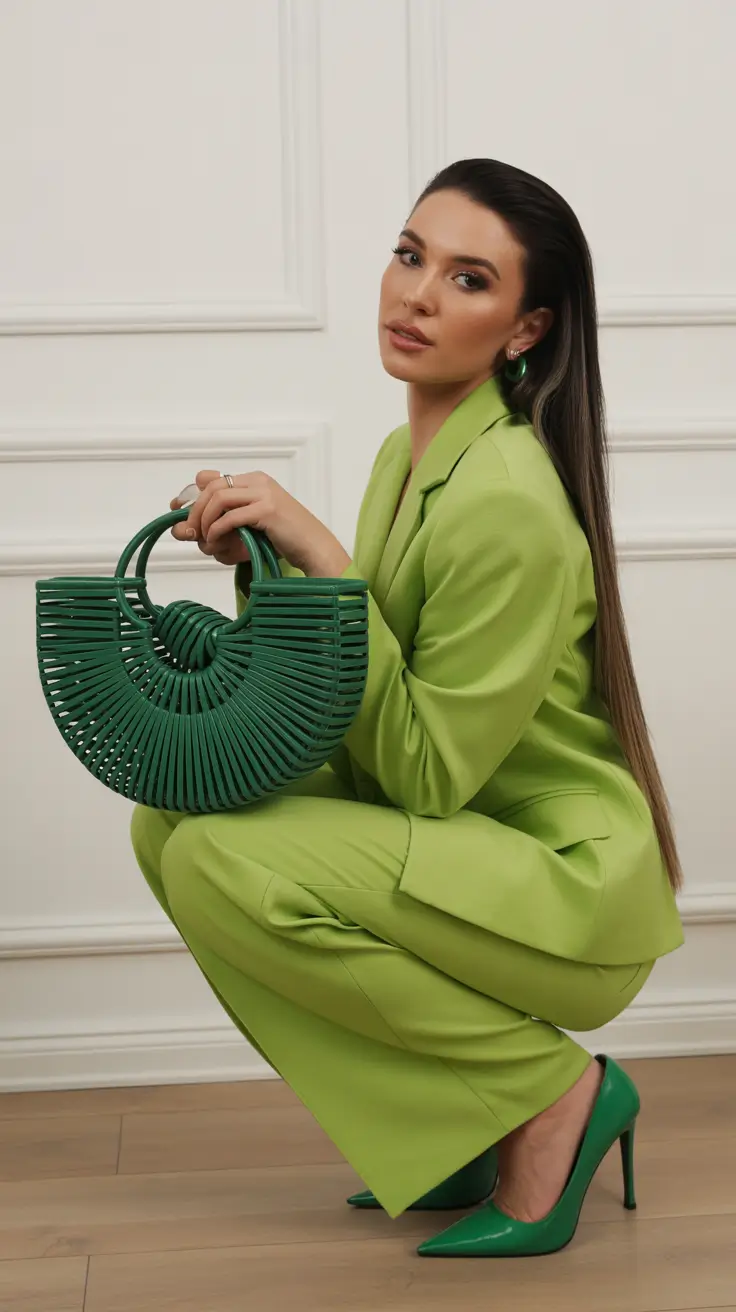 fashionable spring outfits for women over 30 2026 Monochrome Green Elegance With Sculptural Accessories