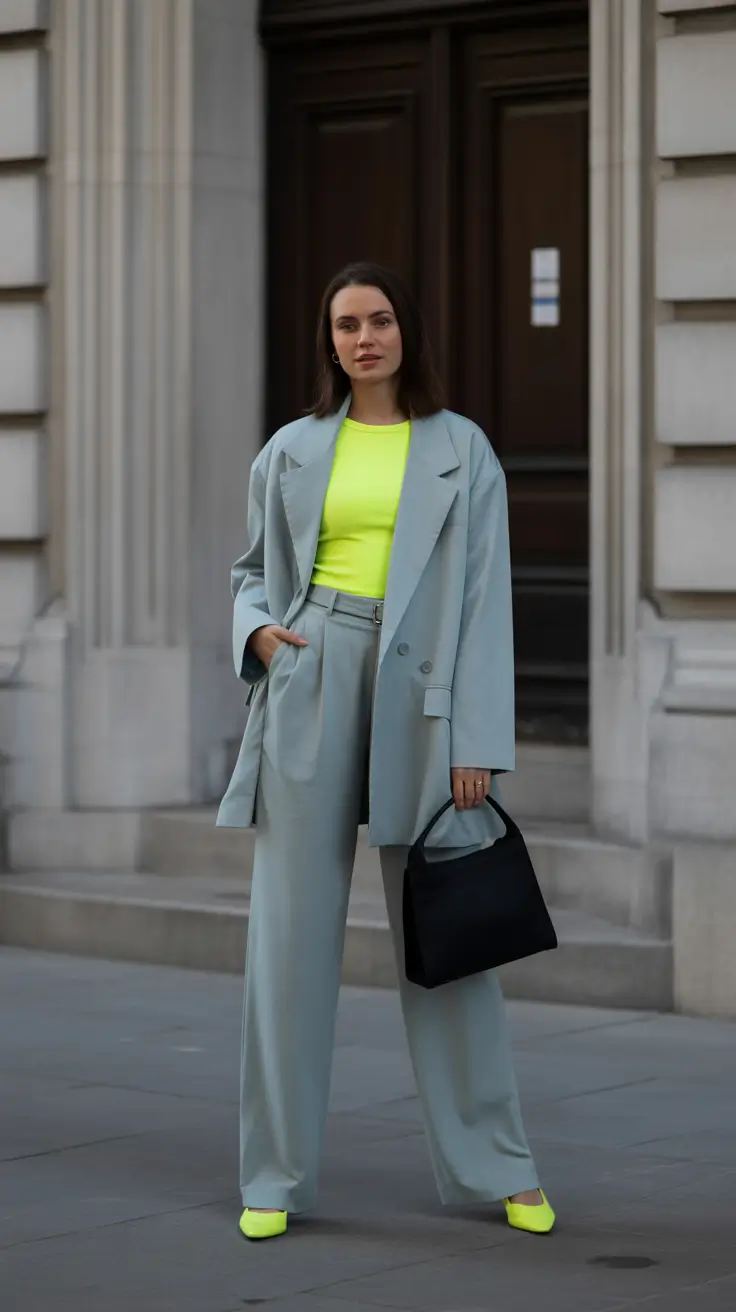 fashionable spring outfits for women over 30 2026 Cool Neutrals With a Neon Spring Shock