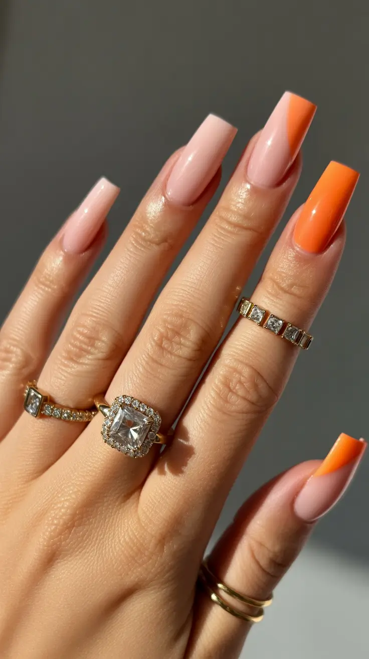 February nails designs 2026 Soft Peach Aura With Vibrant Orange Accents