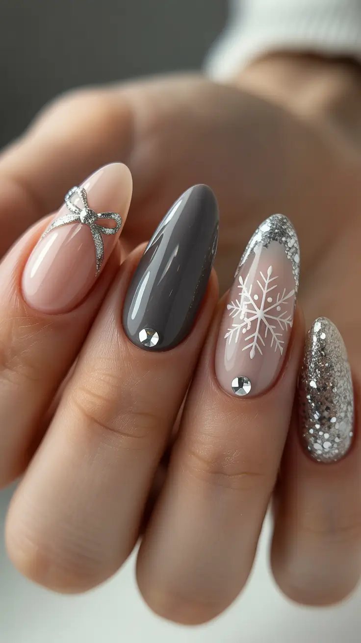 February nails designs 2026 Silver Snowflakes & Sparkle on Almond Winter Neutrals